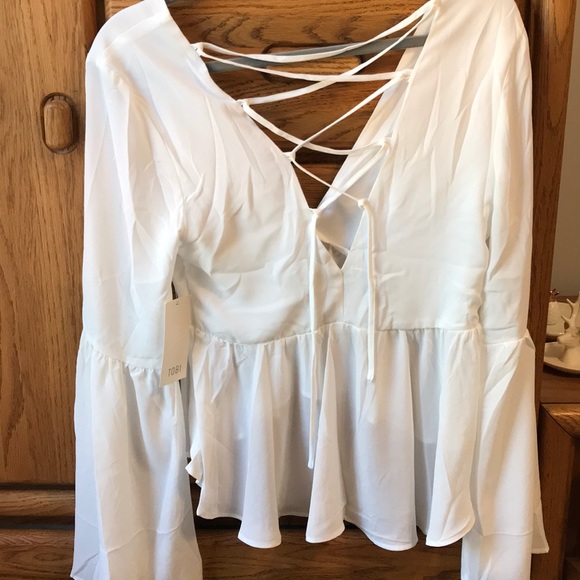 TOBI white top with flair sleeves & lace up back - Picture 3 of 4